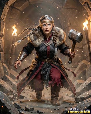 Charging forward with a hammer, a dwarf woman wears chainmail and fur in a stone tunnel