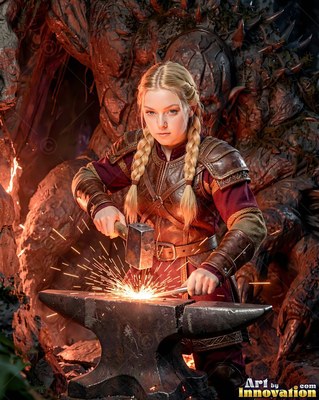 A blonde woman in armor strikes hot metal on an anvil