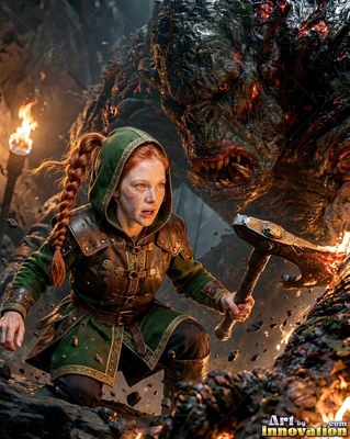 A hooded green tunic covers a red-haired woman holding an axe before a stone monster in a dark cave