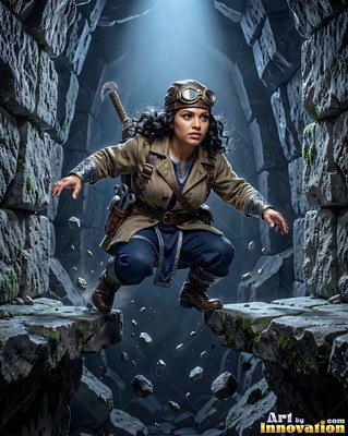 A woman wearing goggles leaps across a stone chasm under a beam of cool light