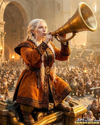 Standing over a stone courtyard, a dwarf woman blows a brass horn
