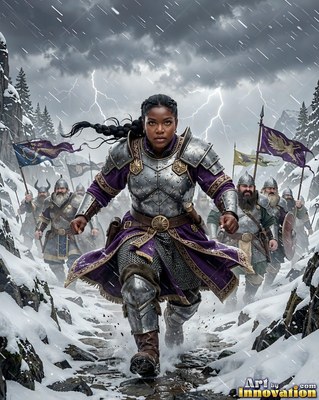 A dwarven woman in steel armor and purple robes charges through snowy rocks under lightning