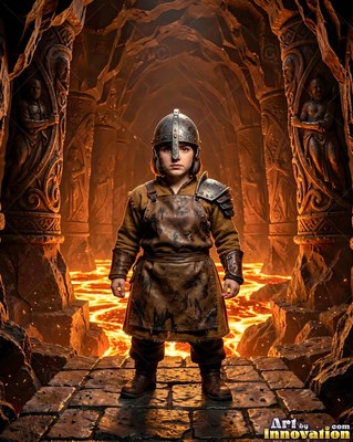 In a stone cavern above molten lava, a woman stands in an iron helmet