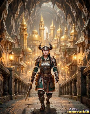 Walking down stone stairs, an armored woman carries a sword before a cave city