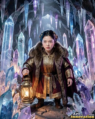 Woman holding a brass lantern in a crystal cave