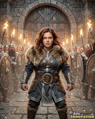 Fur collar framing her shoulders, a woman stands before an army with torches at stone gates