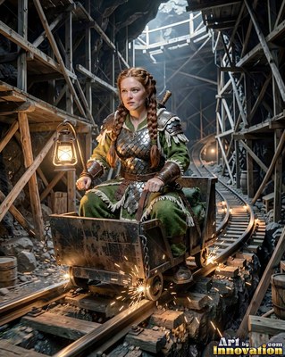 A red-haired woman rides a metal mine cart down tracks, lit by a warm lantern