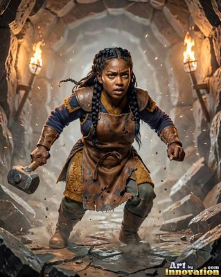 Crouching low in a stone mine tunnel, a dwarven woman grips a heavy hammer