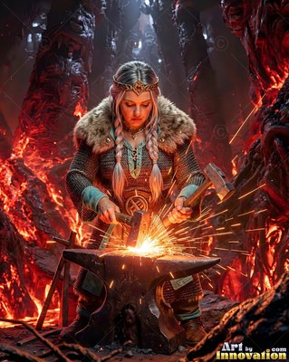 A blonde woman hammers hot metal on an anvil with bright sparks flying