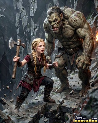 On a crumbling stone ledge, a blonde woman holds an axe near an ogre