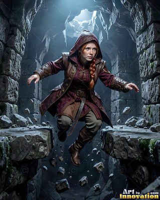 Leaping across a stone gap, a hooded dwarf woman flees down a dark tunnel