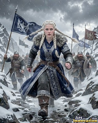 A blonde woman in a blue winter coat charges through the snow