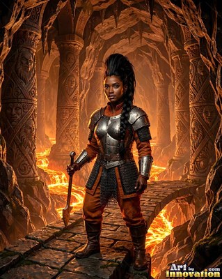 A long black braid falls over the steel armor of a woman on a stone bridge above lava