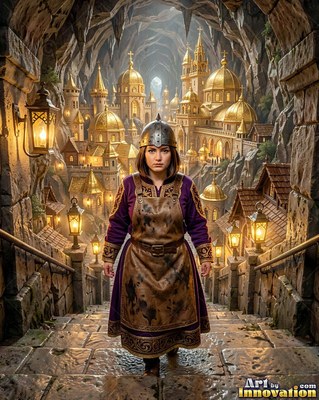 A woman walks down stone stairs before a golden cavern city under soft lantern light