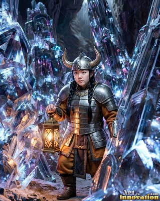 Standing in a crystal cavern, an armored dwarf woman holds a lantern