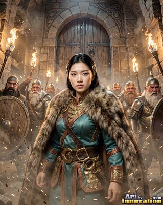 A woman in a fur cloak stands before bearded guards with torches