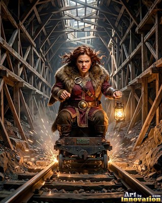 In a timber mine tunnel, a dwarf woman in fur rides a speeding cart with a lantern