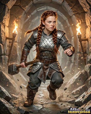 Running forward with a hammer, a red-haired woman in scale armor charges past wall torches
