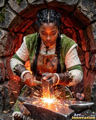 Braided black woman in a green tunic hammering hot iron at a forge