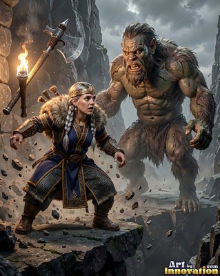 Braided blonde hair frames a dwarf woman crouching near a giant in a rocky chasm