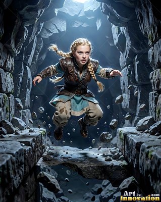 A blonde woman jumps across a stone chasm in cool blue light from above