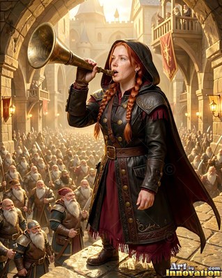 Standing on a stone ledge, a red-haired woman blows a brass horn over a crowd