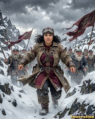 A woman in a heavy coat and goggles leads an army through the snowy mountain pass