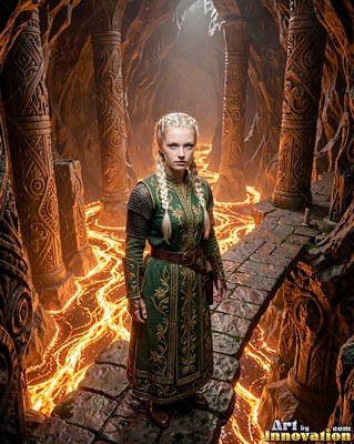 In a stone cavern with molten lava, a blonde woman stands in a green dress