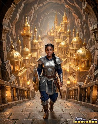 Walking down stone stairs, an armored woman carries a round shield above a golden city