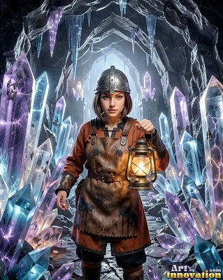 Woman in a helmet holds a lantern among purple crystals