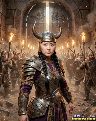 A horned metal helmet crowns a woman in scale armor leading an army from a gate