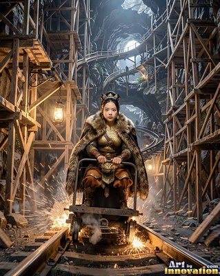 A woman in armor rides a cart down mine tracks with sparks in warm lantern light