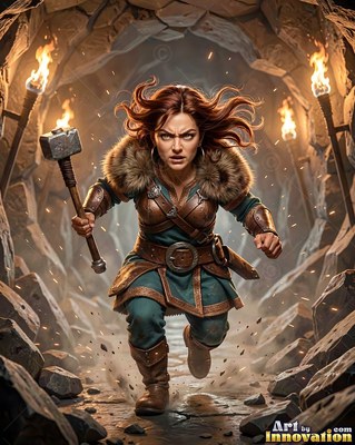 Running forward through a stone tunnel, a dwarf woman grips a heavy hammer