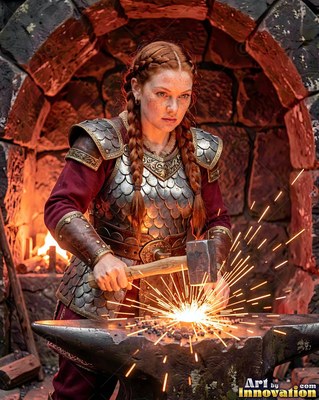 A red-haired woman in scale armor hits hot metal on an anvil with sparks flying