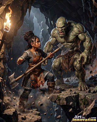 In a dark cave, a braided woman holds an axe against a green troll