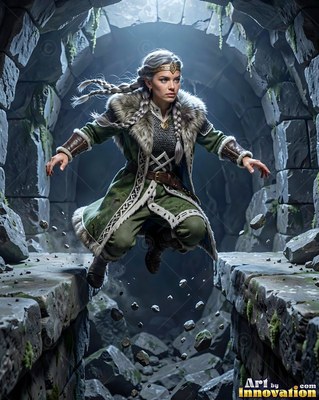 Leaping over a stone chasm, a dwarven woman in green fur-trimmed robes drops midair