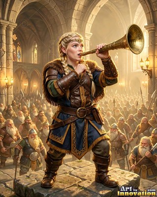 Blonde dwarven woman blowing a horn before an army