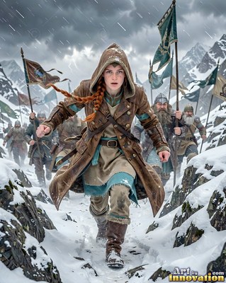 Red braids hang past a hooded coat as a dwarf woman runs through snowy mountains