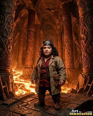 A woman stands in a stone cavern lit by fiery orange lava streams below