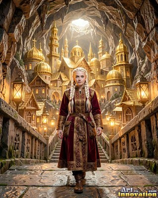 Walking forward, a blonde woman stands before a cave city of gold domes