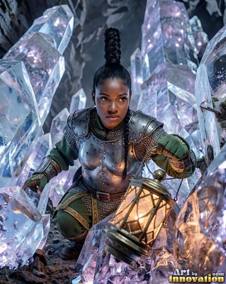 A woman in steel armor crouches with a lit lantern among clear crystals