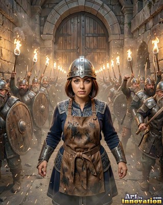 In a stone tunnel, a woman in an apron stands before torchbearing warriors