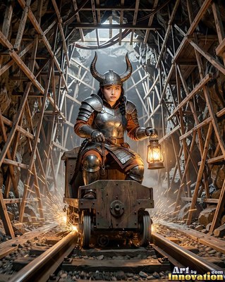 Riding a mine cart, a horned-helmet woman in steel armor holds a lantern in a tunnel