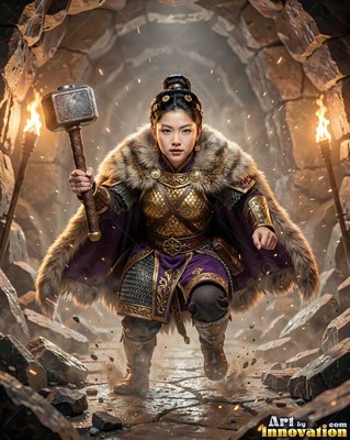 Dwarven woman in fur cloak and armor holds a hammer in a cave