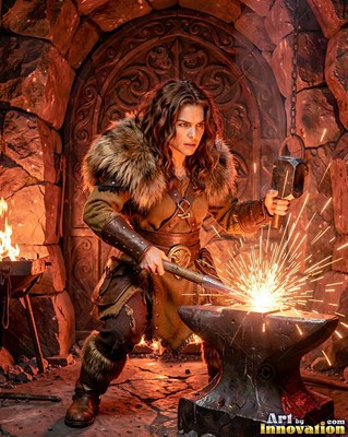 Wearing a thick fur collar, a woman strikes hot metal on an anvil inside a stone forge