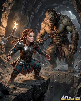 A woman in armor crouches on a stone ledge, lit by warm yellow torchlight