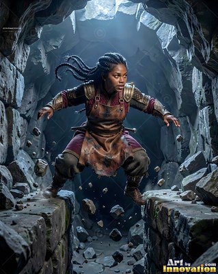Crouching low in a stone mine, a dwarf woman leaps over floating rocks