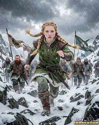 A blonde dwarf woman in green leather runs through snowy mountain rocks with soldiers behind her