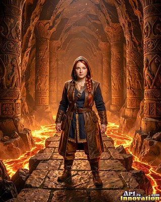 In a stone cavern over lava, a red-haired woman stands in a hooded leather coat