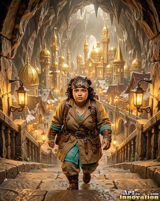 Walking up stone stairs, a dwarven woman wears goggles above a golden underground city